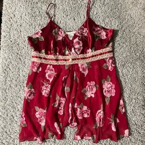 Floral Red Women's Top with lace detailing and front cutout